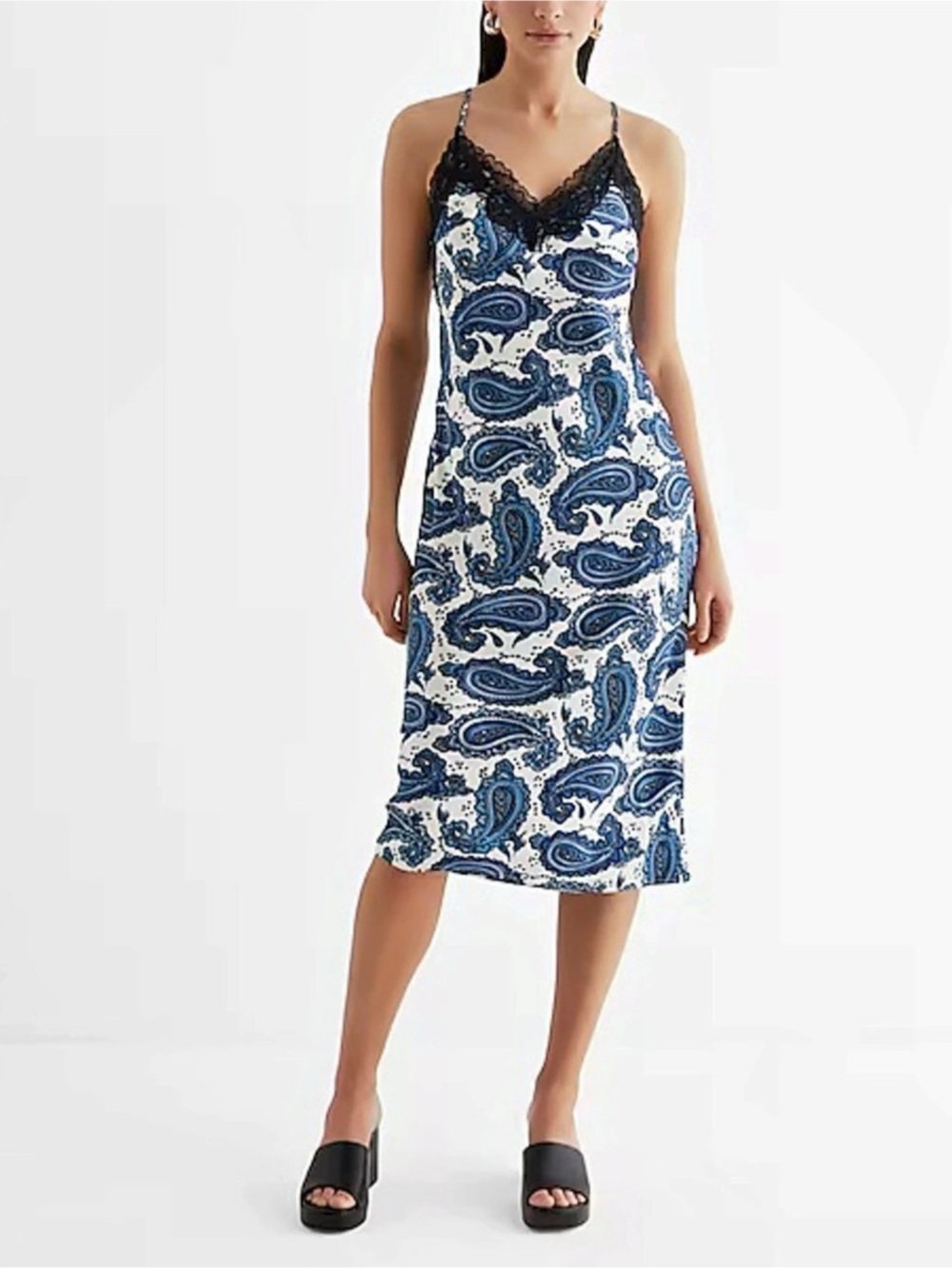 Express Paisley Satin Lace Midi Dress in White & Blue Size Large